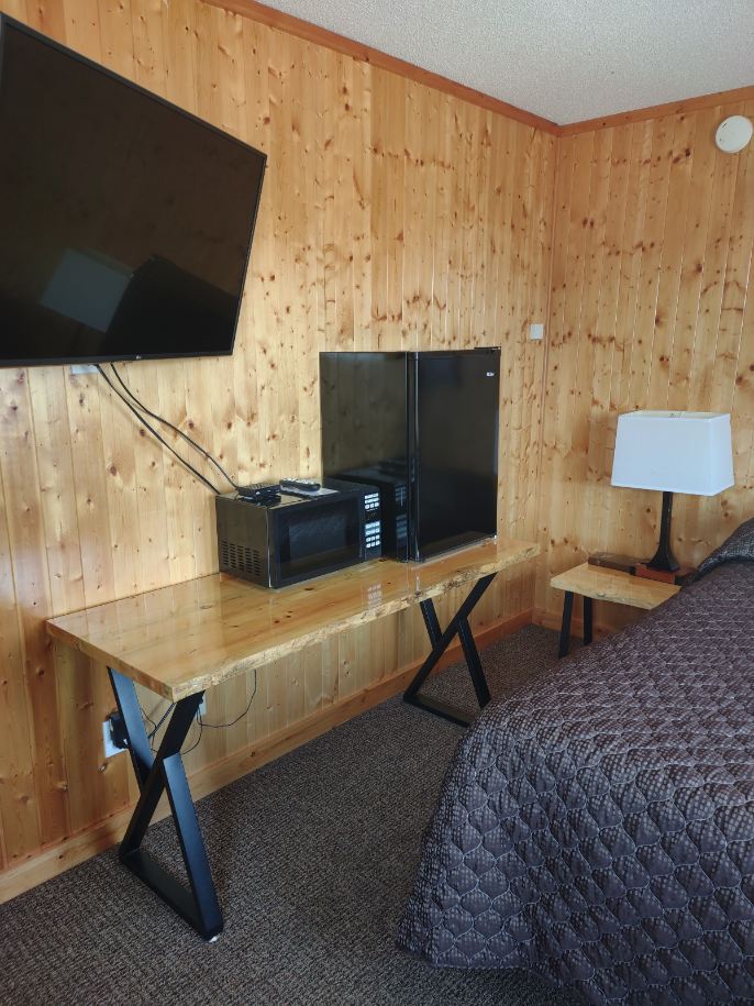 TV and desk in motel room
